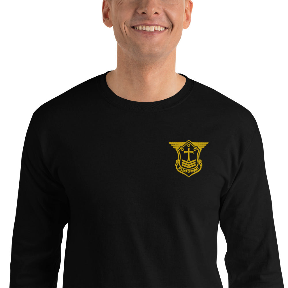 Men’s Long Sleeve T-Shirt with Gold Embroidered Soldier of Christ Emblem