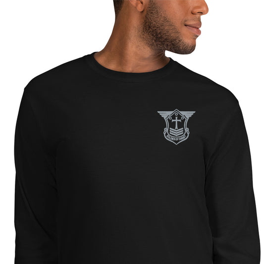 Men’s Long Sleeve T-Shirt with Grey Embroidered Soldier of Christ Emblem