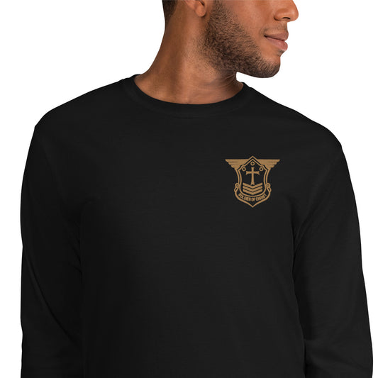 Men’s Long Sleeve T-Shirt with Old Gold Embroidered Soldier of Christ Emblem