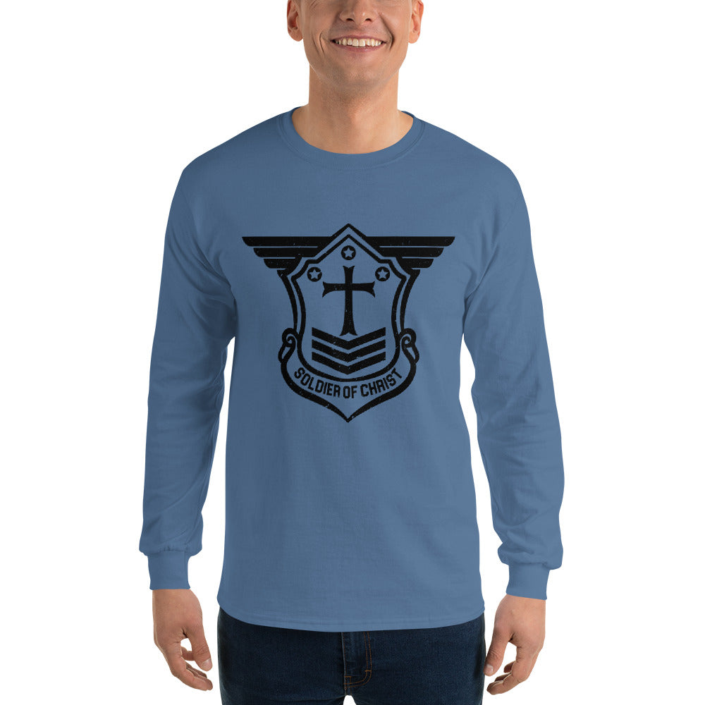 Men’s Long Sleeve T-Shirt with Black Soldier of Christ Emblem Front