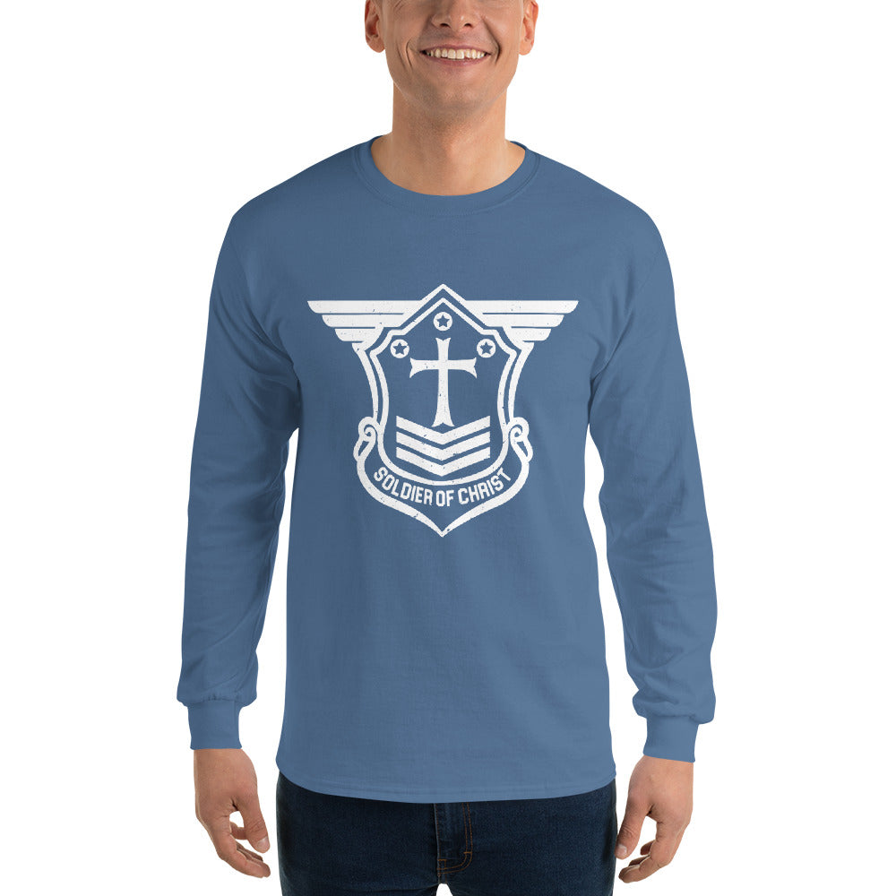 Men’s Long Sleeve T-Shirt with White Soldier of Christ Emblem Front