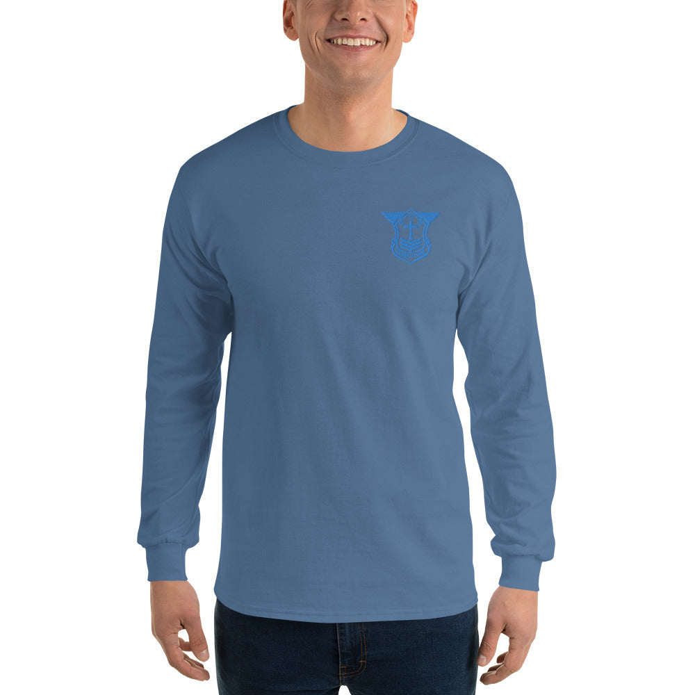 Men’s Long Sleeve T-Shirt with Aqua Teal Embroidered Soldier of Christ Emblem