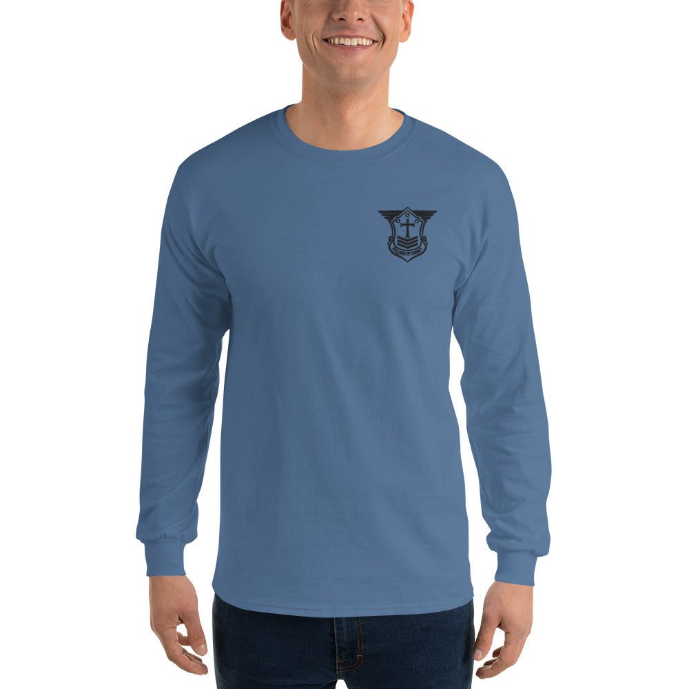 Men’s Long Sleeve T-Shirt with Black Embroidered Soldier of Christ Emblem