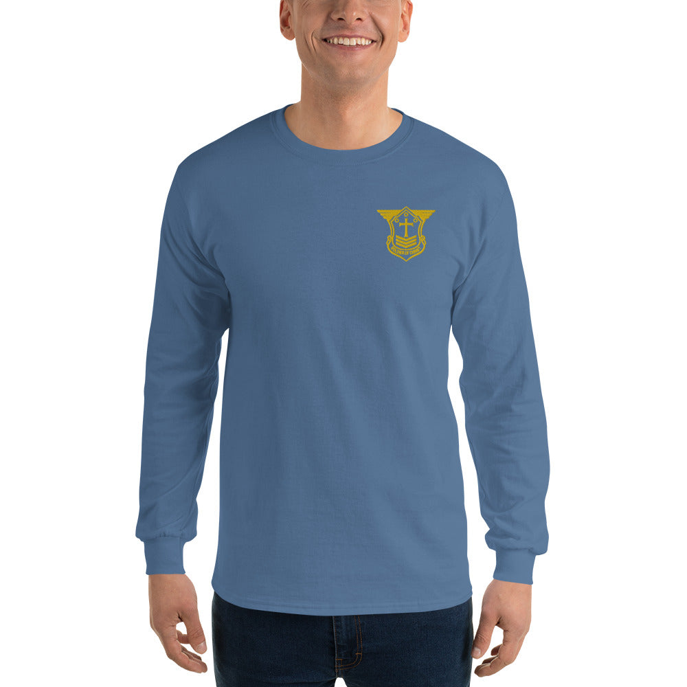 Men’s Long Sleeve T-Shirt with Gold Embroidered Soldier of Christ Emblem