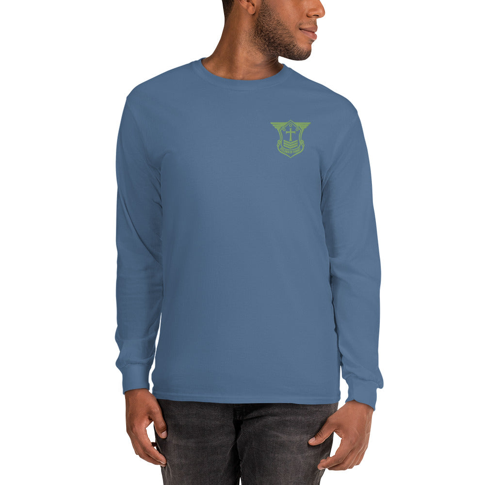 Men’s Long Sleeve T-Shirt with Kiwi Green Embroidered Soldier of Christ Emblem