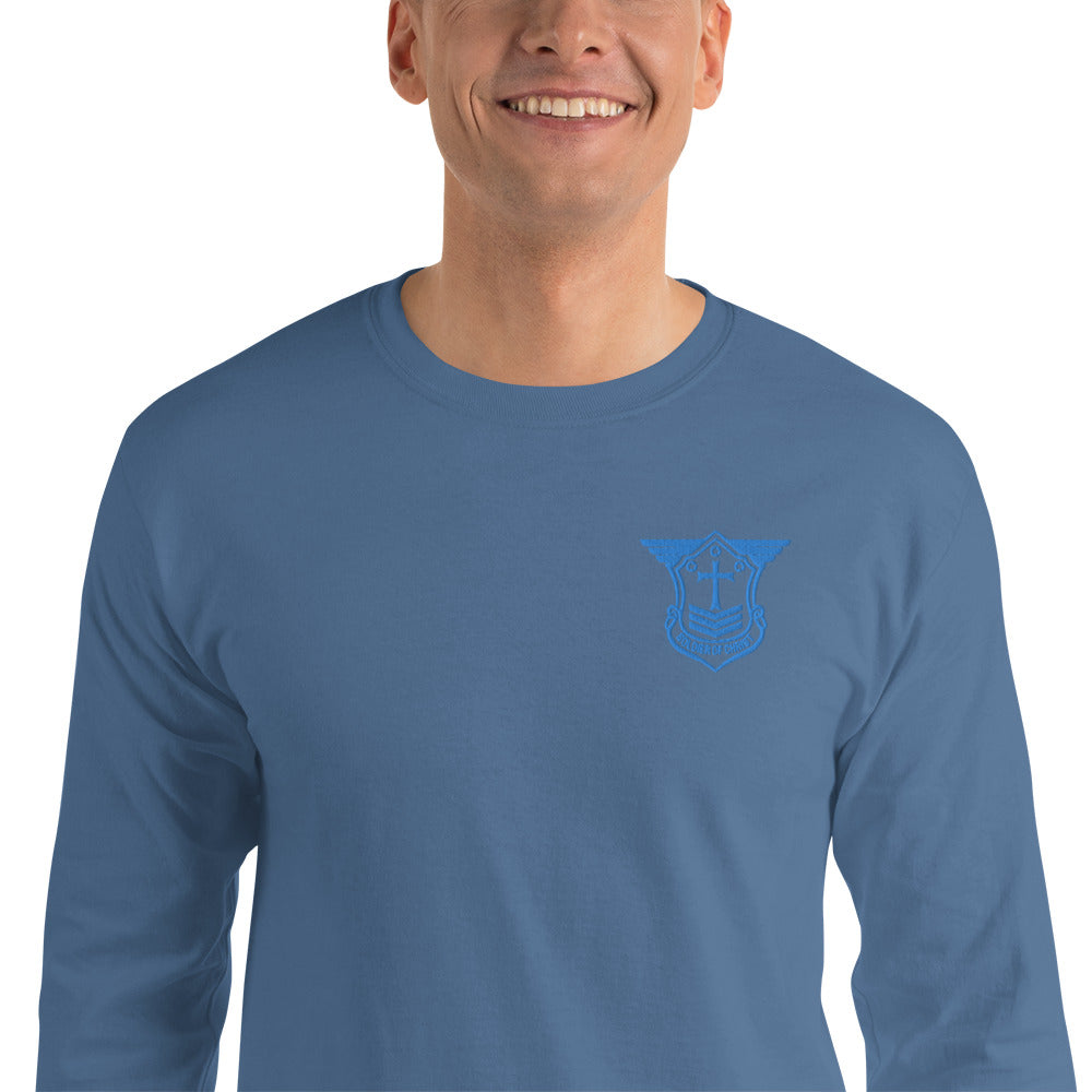 Men’s Long Sleeve T-Shirt with Aqua Teal Embroidered Soldier of Christ Emblem