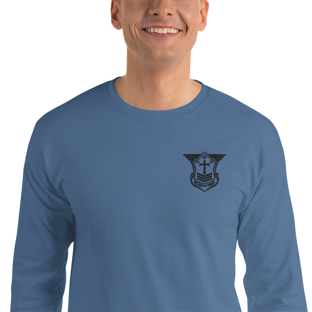 Men’s Long Sleeve T-Shirt with Black Embroidered Soldier of Christ Emblem