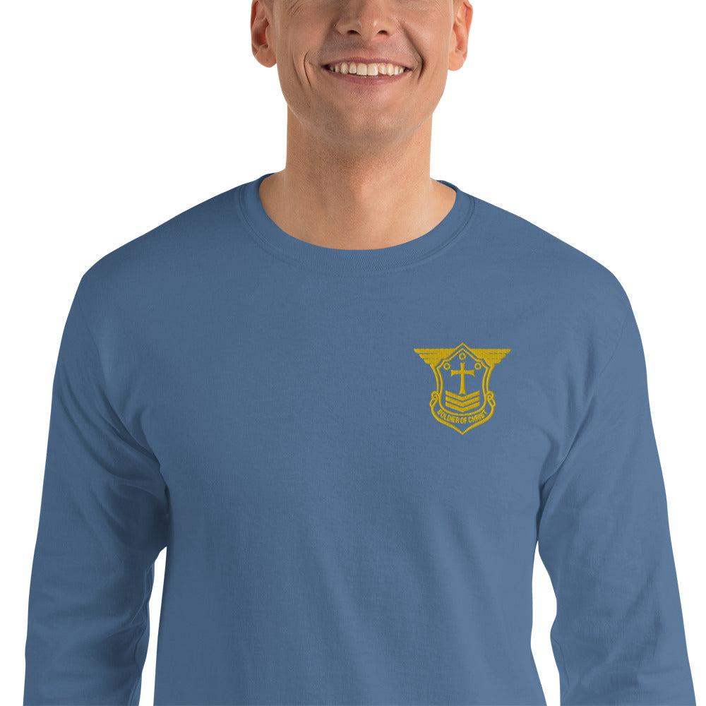 Men’s Long Sleeve T-Shirt with Gold Embroidered Soldier of Christ Emblem