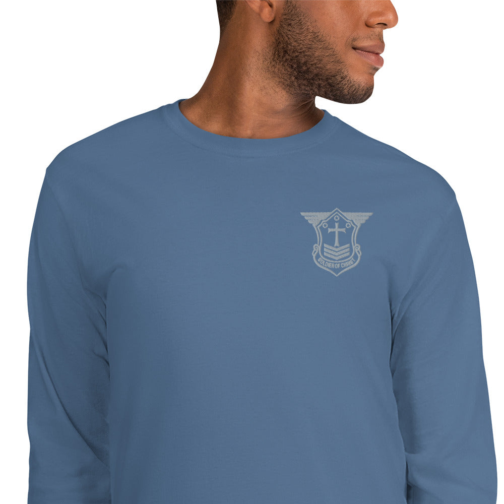 Men’s Long Sleeve T-Shirt with Grey Embroidered Soldier of Christ Emblem