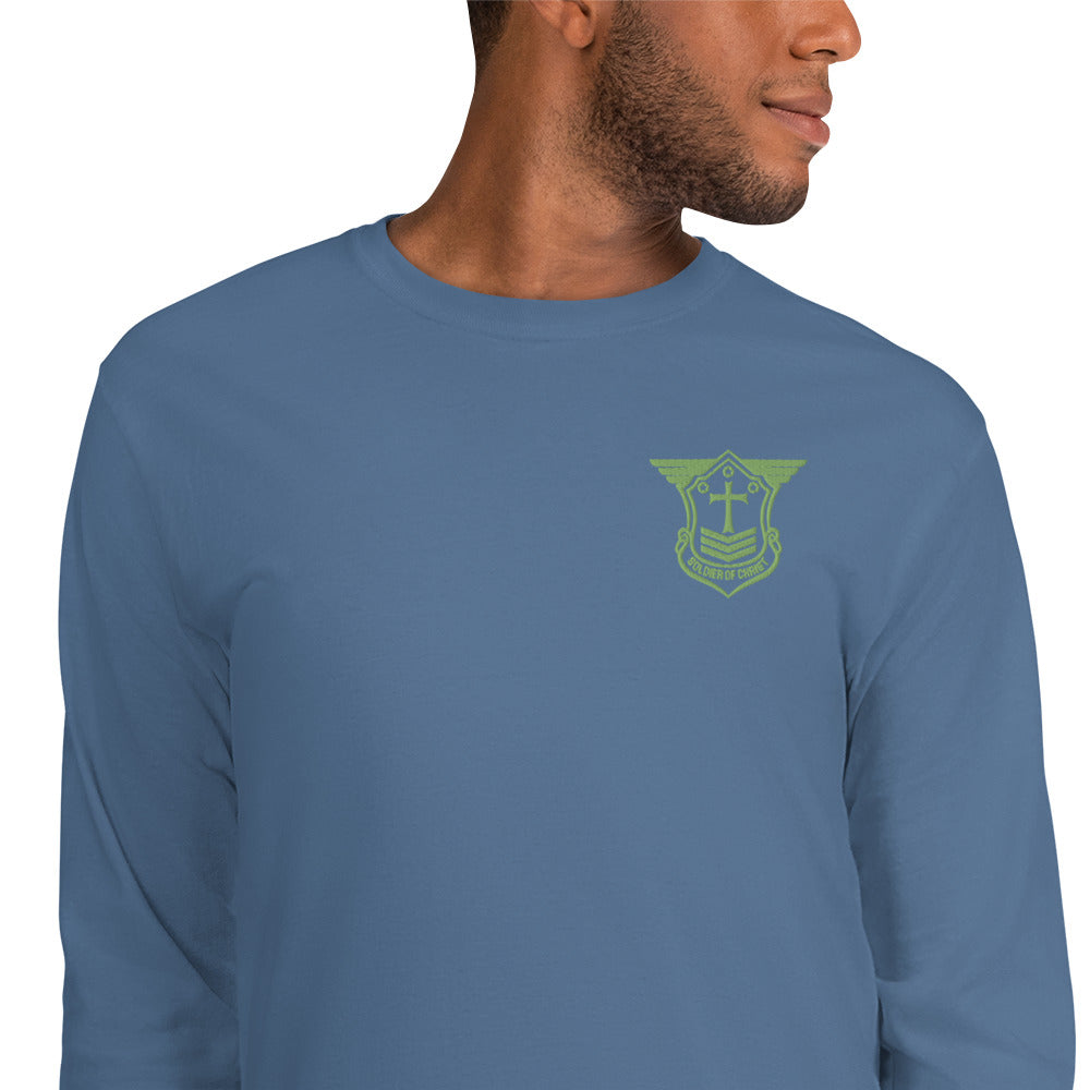 Men’s Long Sleeve T-Shirt with Kiwi Green Embroidered Soldier of Christ Emblem