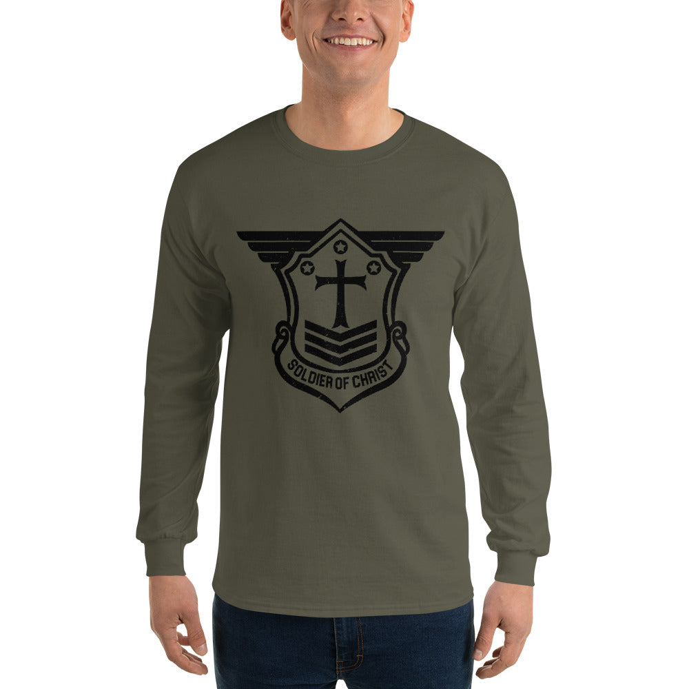 Men’s Long Sleeve T-Shirt with Black Soldier of Christ Emblem Front