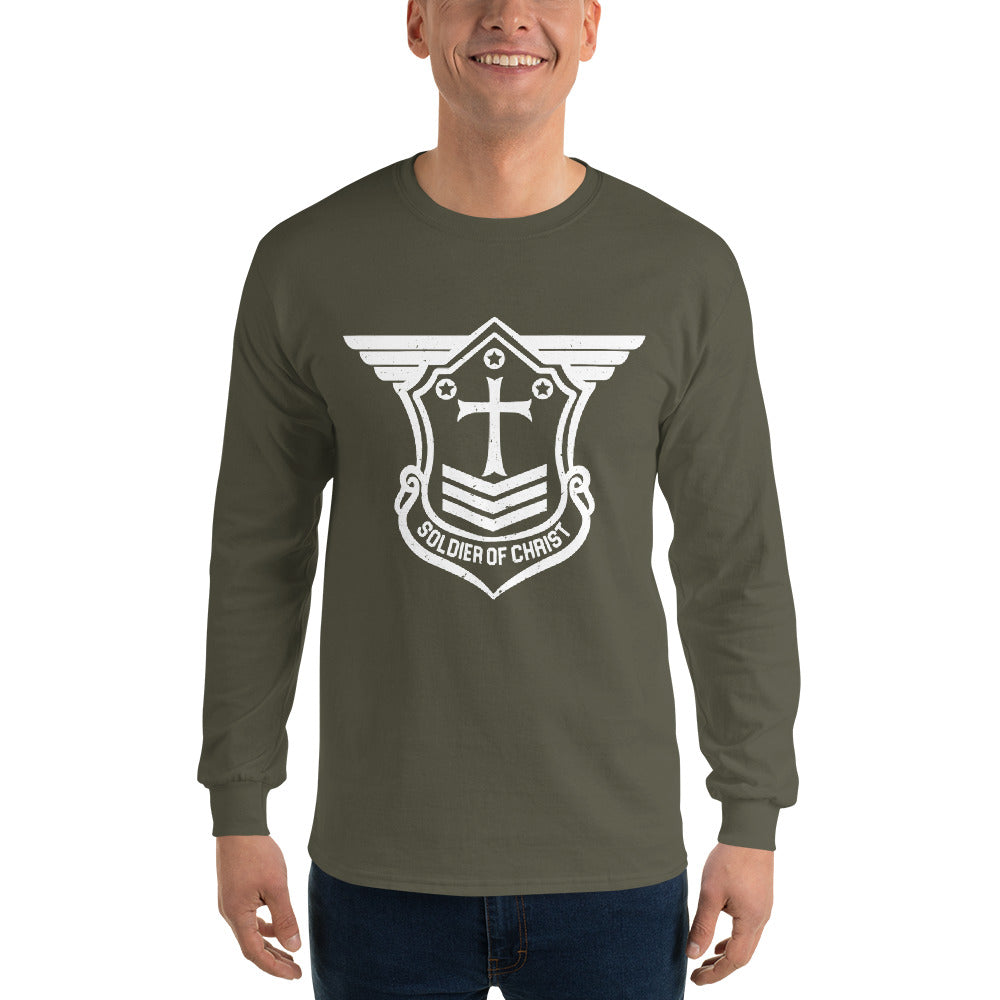 Men’s Long Sleeve T-Shirt with White Soldier of Christ Emblem Front