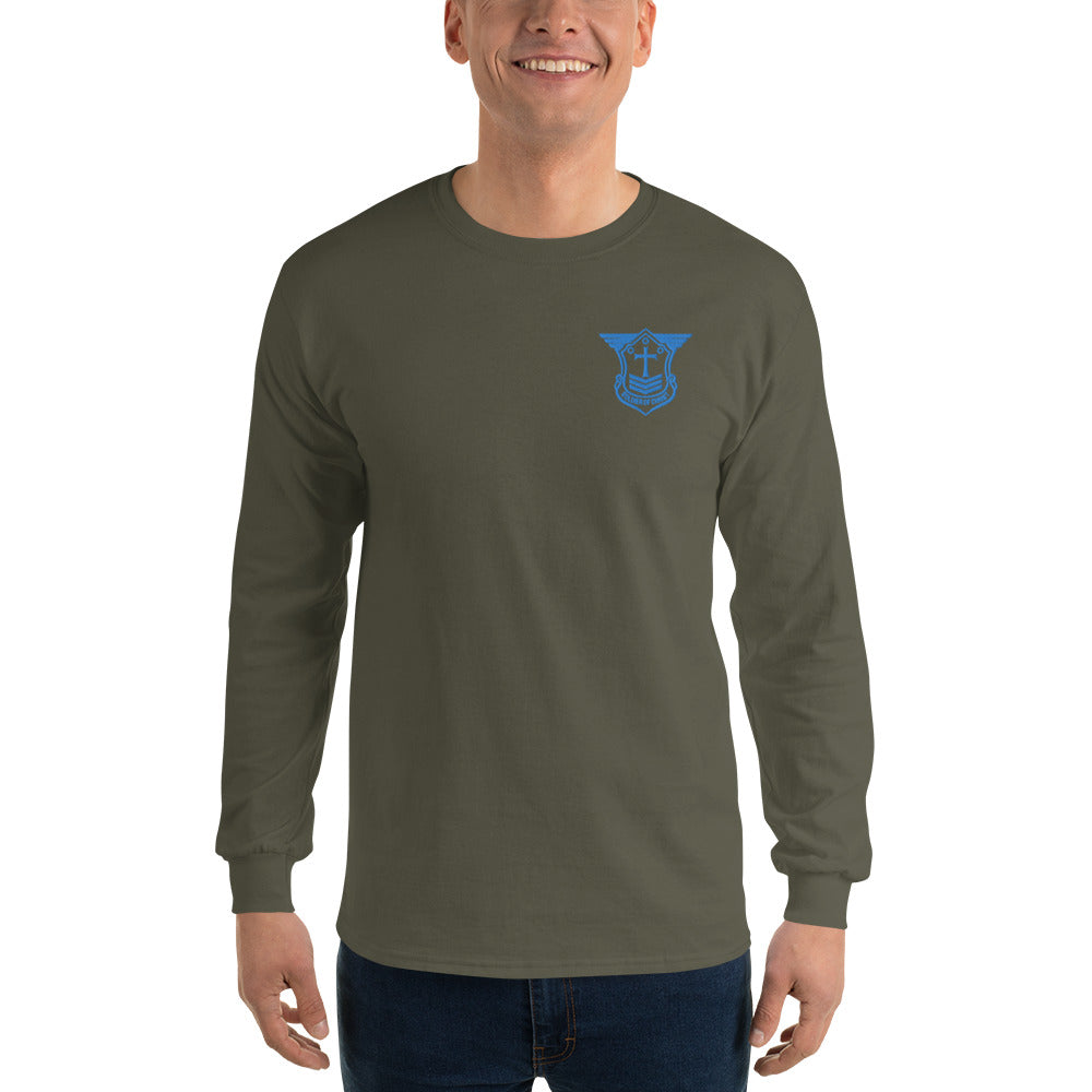 Men’s Long Sleeve T-Shirt with Aqua Teal Embroidered Soldier of Christ Emblem