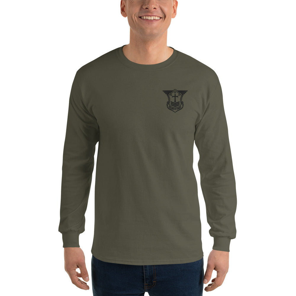 Men’s Long Sleeve T-Shirt with Black Embroidered Soldier of Christ Emblem