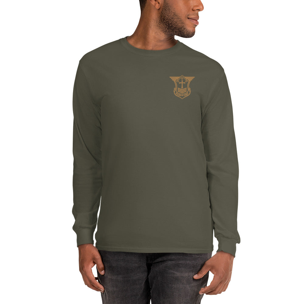 Men’s Long Sleeve T-Shirt with Old Gold Embroidered Soldier of Christ Emblem