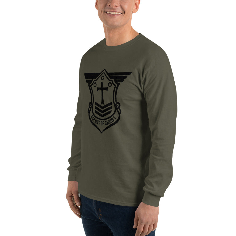 Men’s Long Sleeve T-Shirt with Black Soldier of Christ Emblem Front