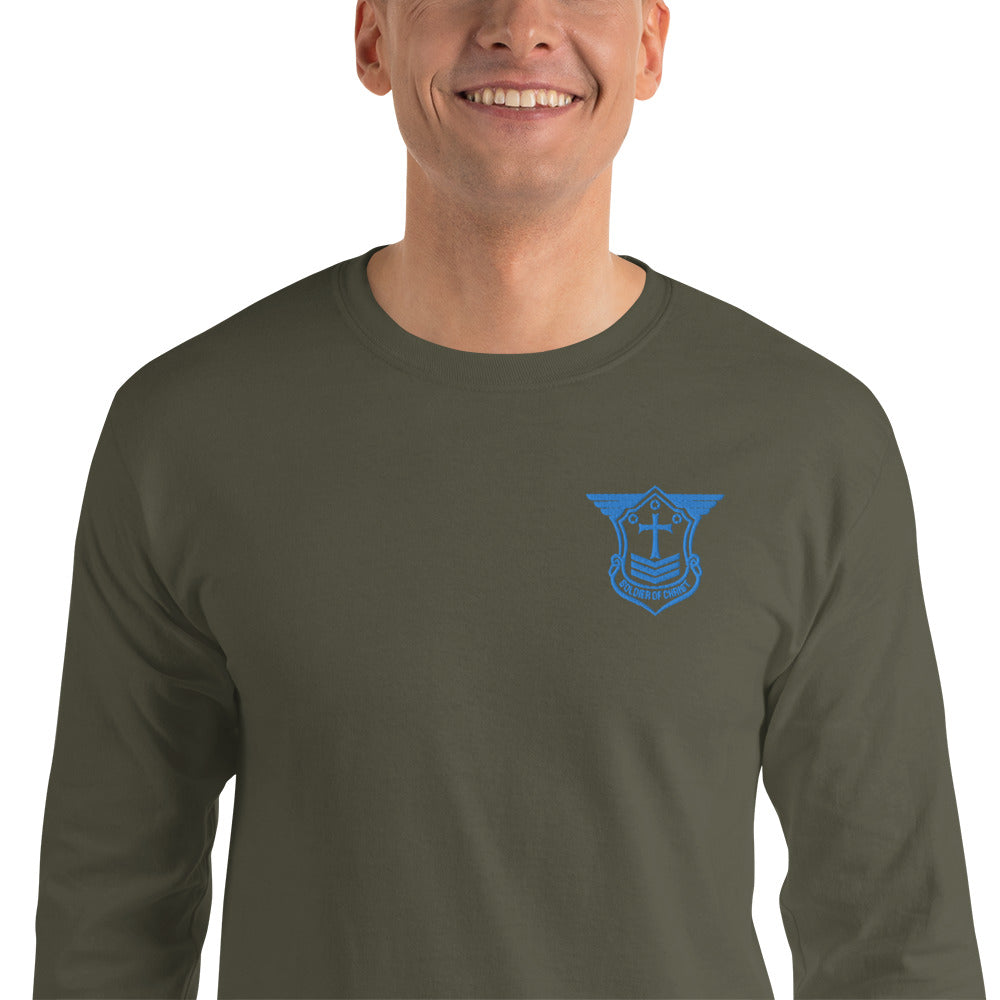 Men’s Long Sleeve T-Shirt with Aqua Teal Embroidered Soldier of Christ Emblem