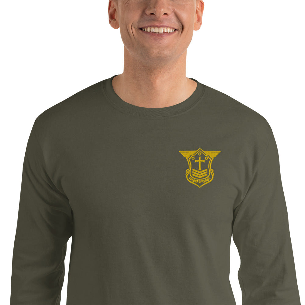 Men’s Long Sleeve T-Shirt with Gold Embroidered Soldier of Christ Emblem