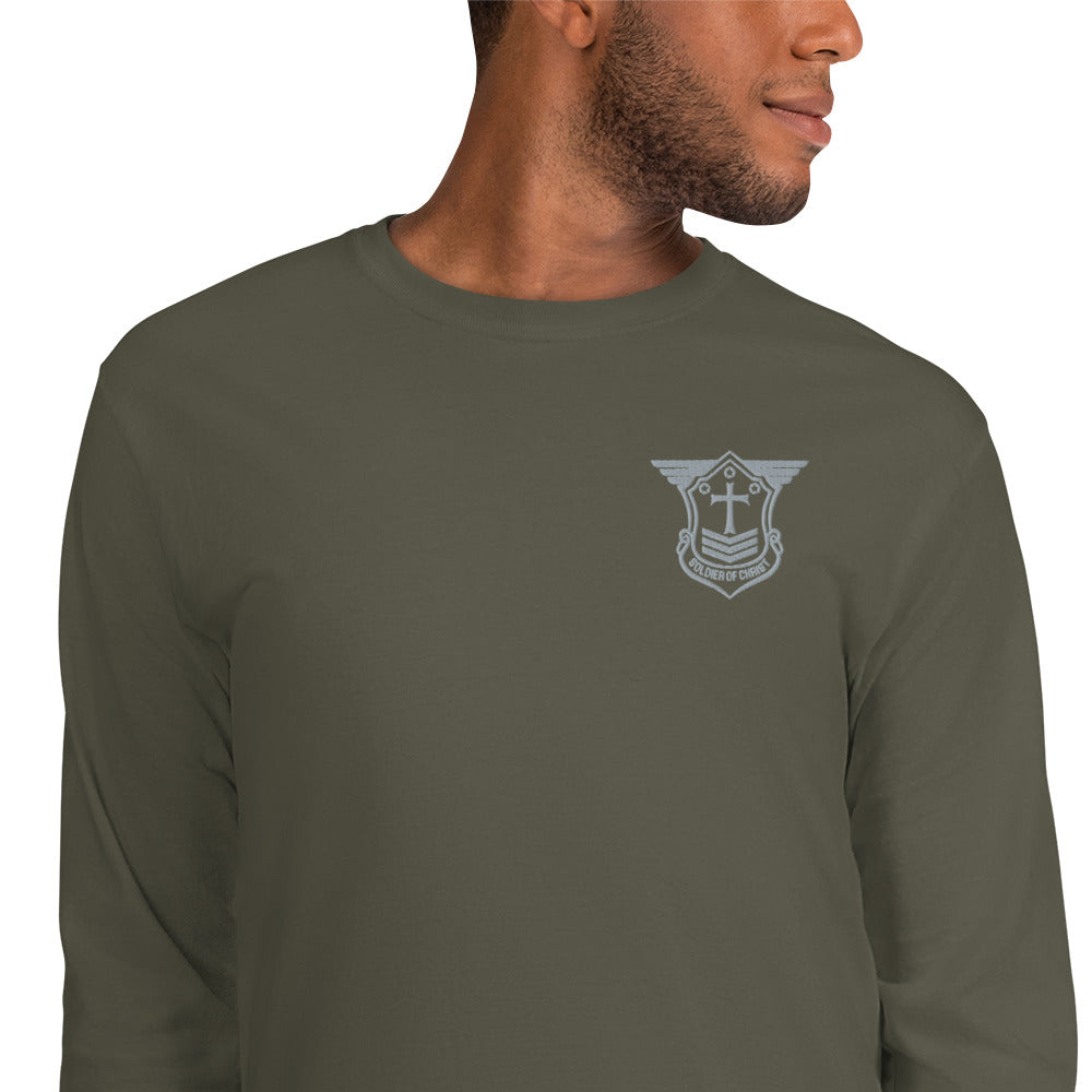 Men’s Long Sleeve T-Shirt with Grey Embroidered Soldier of Christ Emblem