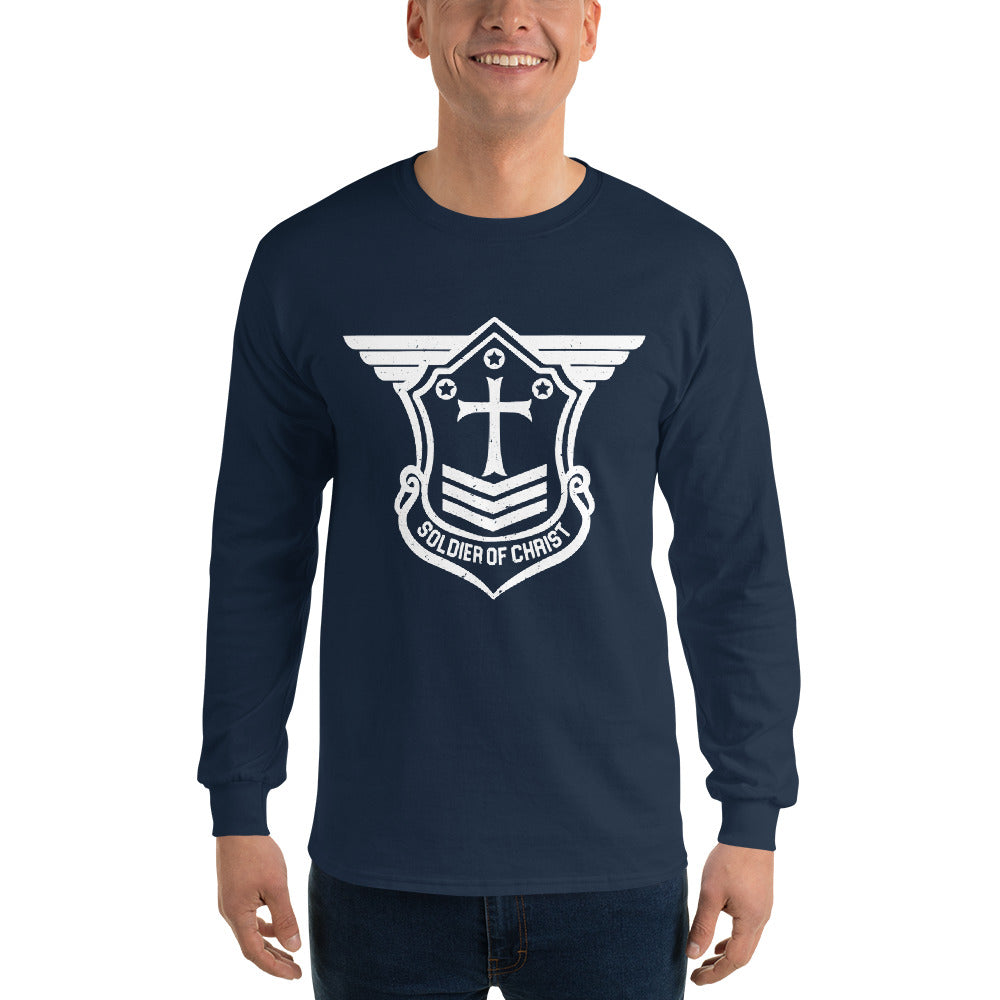 Men’s Long Sleeve T-Shirt with White Soldier of Christ Emblem Front