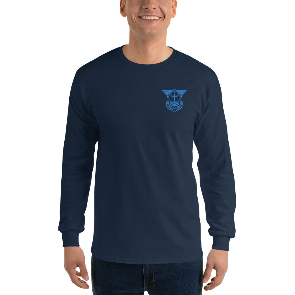 Men’s Long Sleeve T-Shirt with Aqua Teal Embroidered Soldier of Christ Emblem