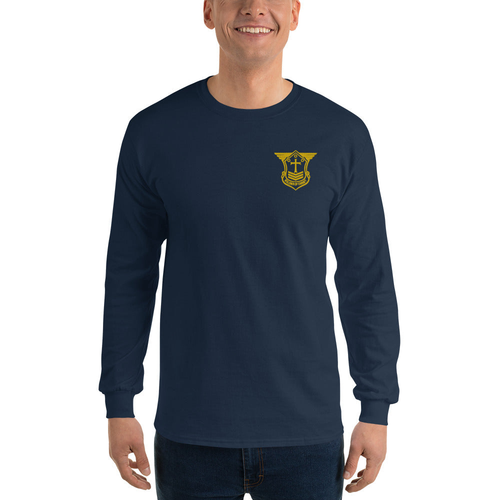 Men’s Long Sleeve T-Shirt with Gold Embroidered Soldier of Christ Emblem