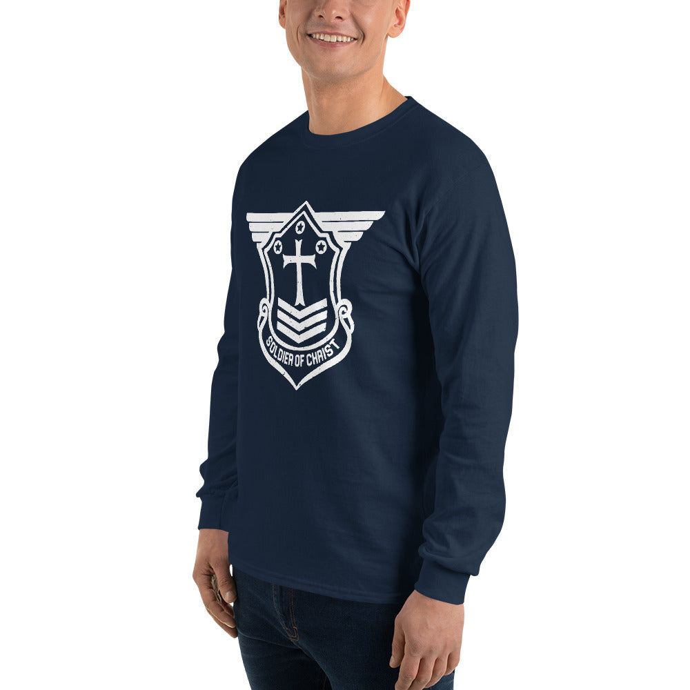 Men’s Long Sleeve T-Shirt with White Soldier of Christ Emblem Front