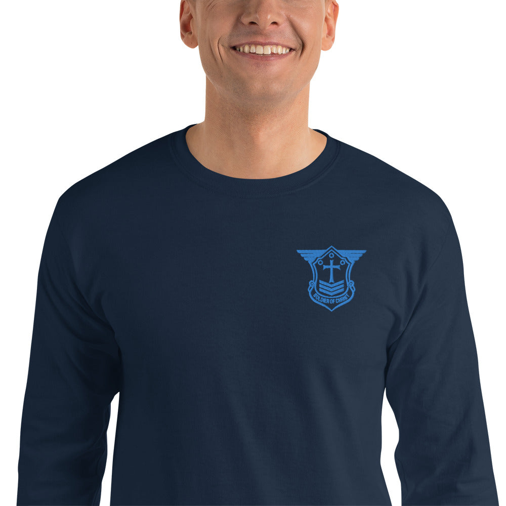 Men’s Long Sleeve T-Shirt with Aqua Teal Embroidered Soldier of Christ Emblem