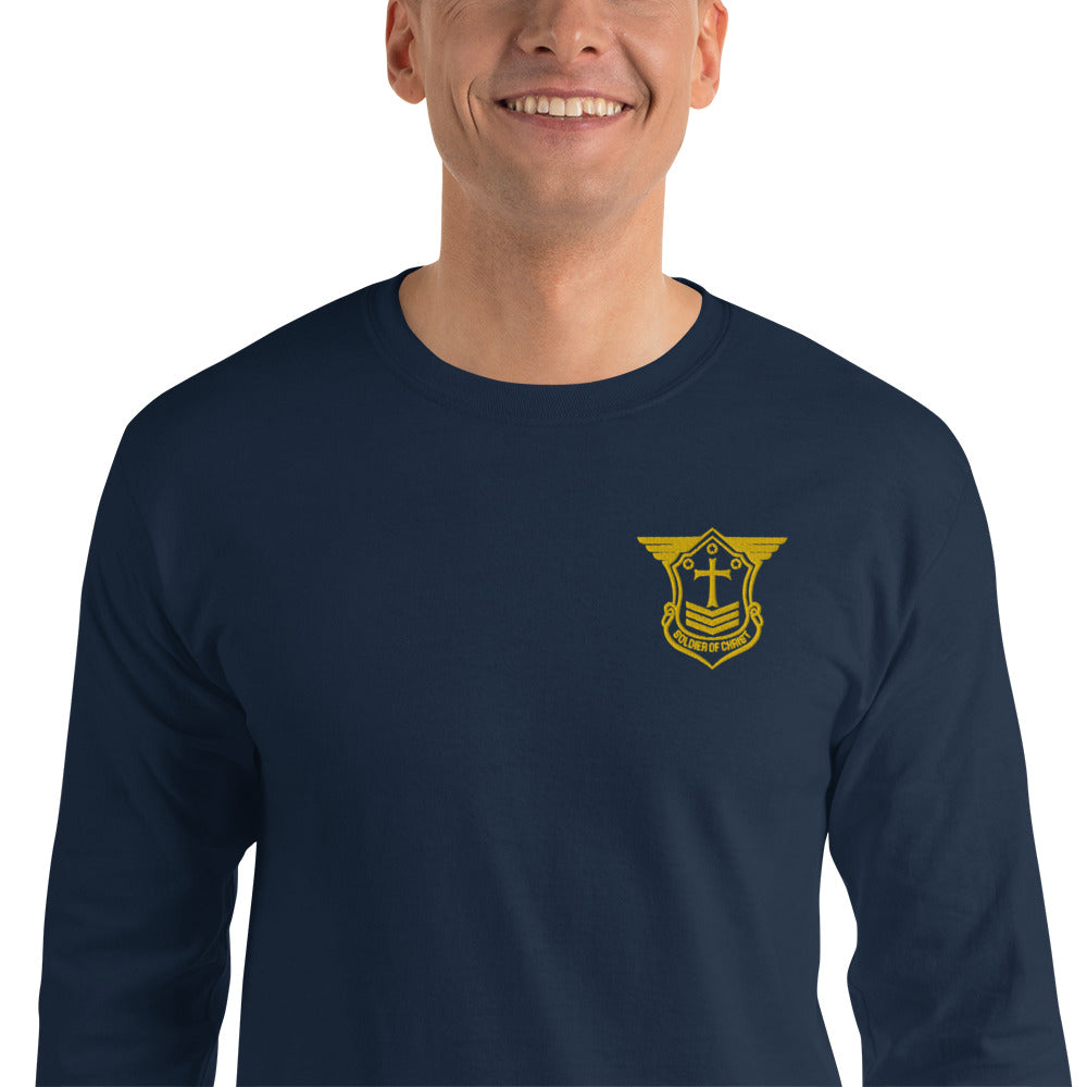 Men’s Long Sleeve T-Shirt with Gold Embroidered Soldier of Christ Emblem