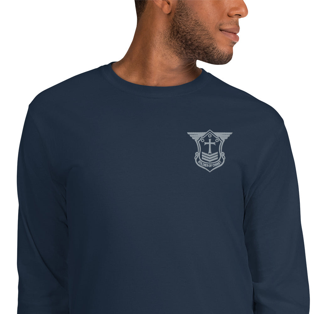 Men’s Long Sleeve T-Shirt with Grey Embroidered Soldier of Christ Emblem