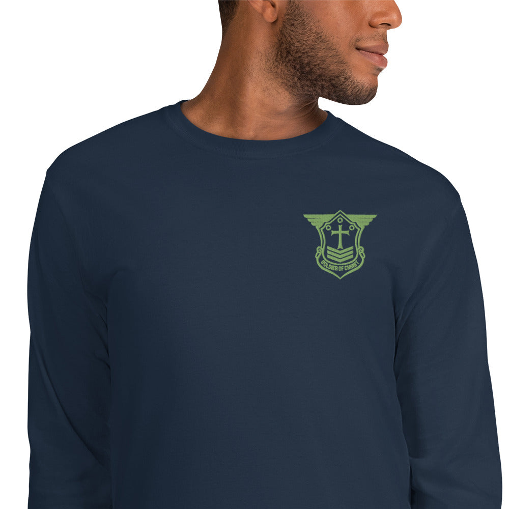 Men’s Long Sleeve T-Shirt with Kiwi Green Embroidered Soldier of Christ Emblem