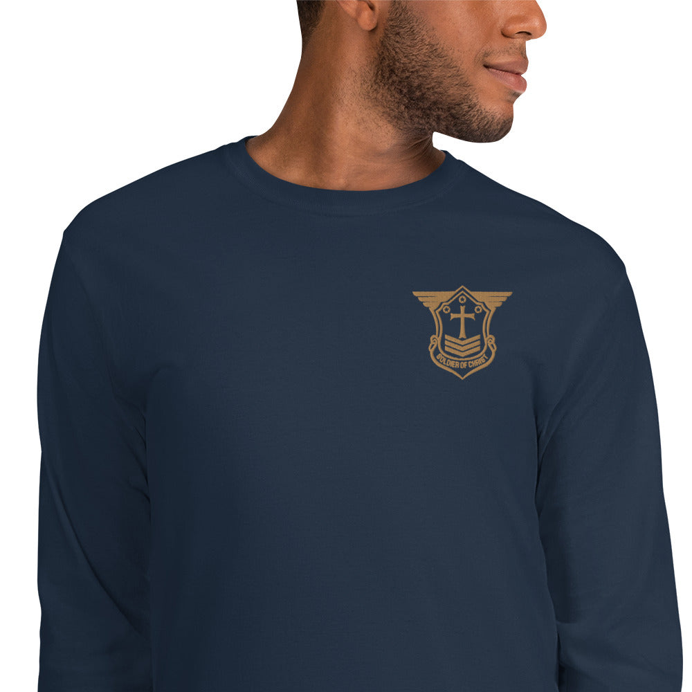 Men’s Long Sleeve T-Shirt with Old Gold Embroidered Soldier of Christ Emblem