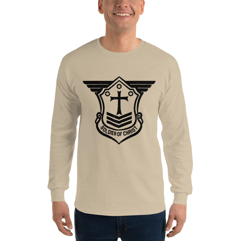 Men’s Long Sleeve T-Shirt with Black Soldier of Christ Emblem Front