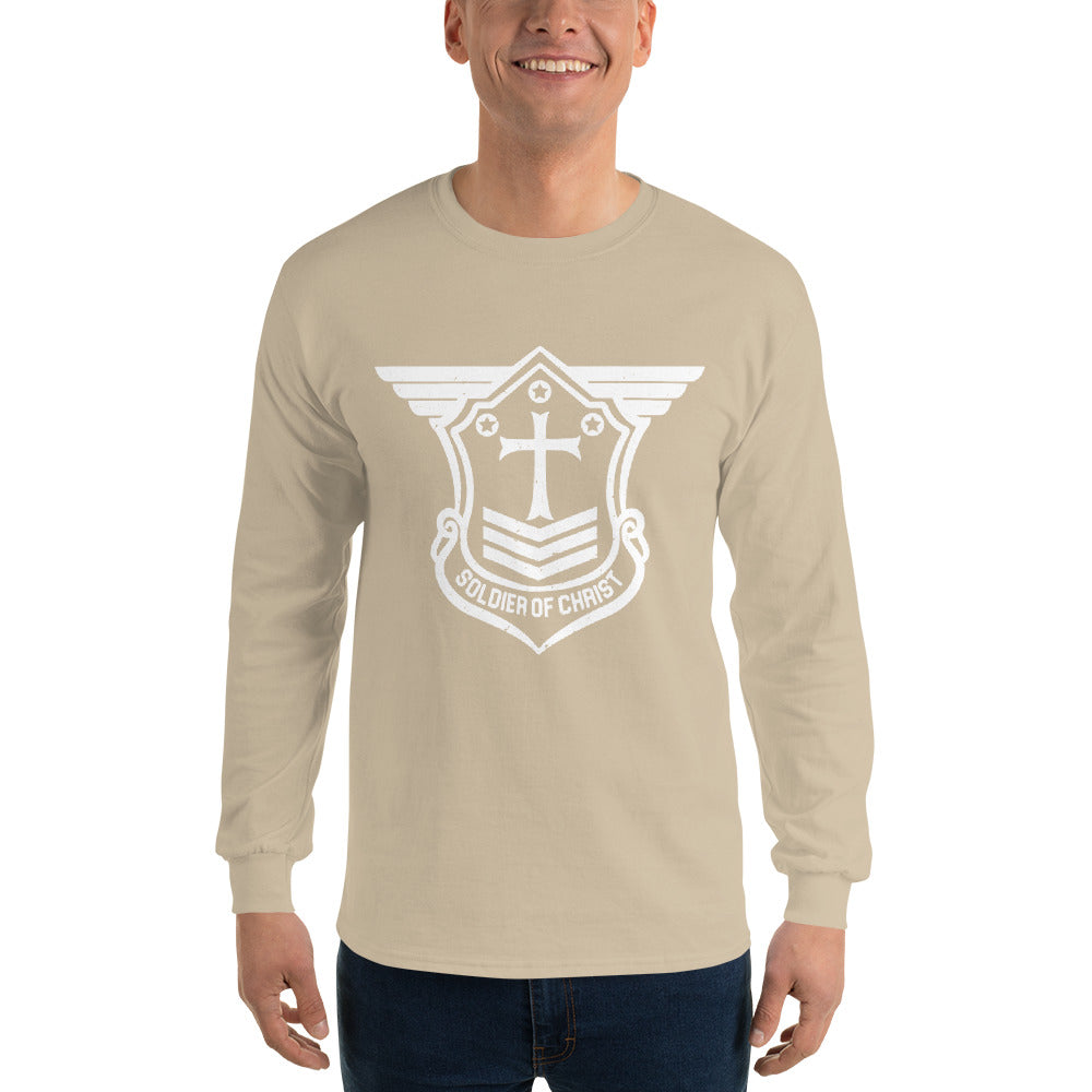 Men’s Long Sleeve T-Shirt with White Soldier of Christ Emblem Front