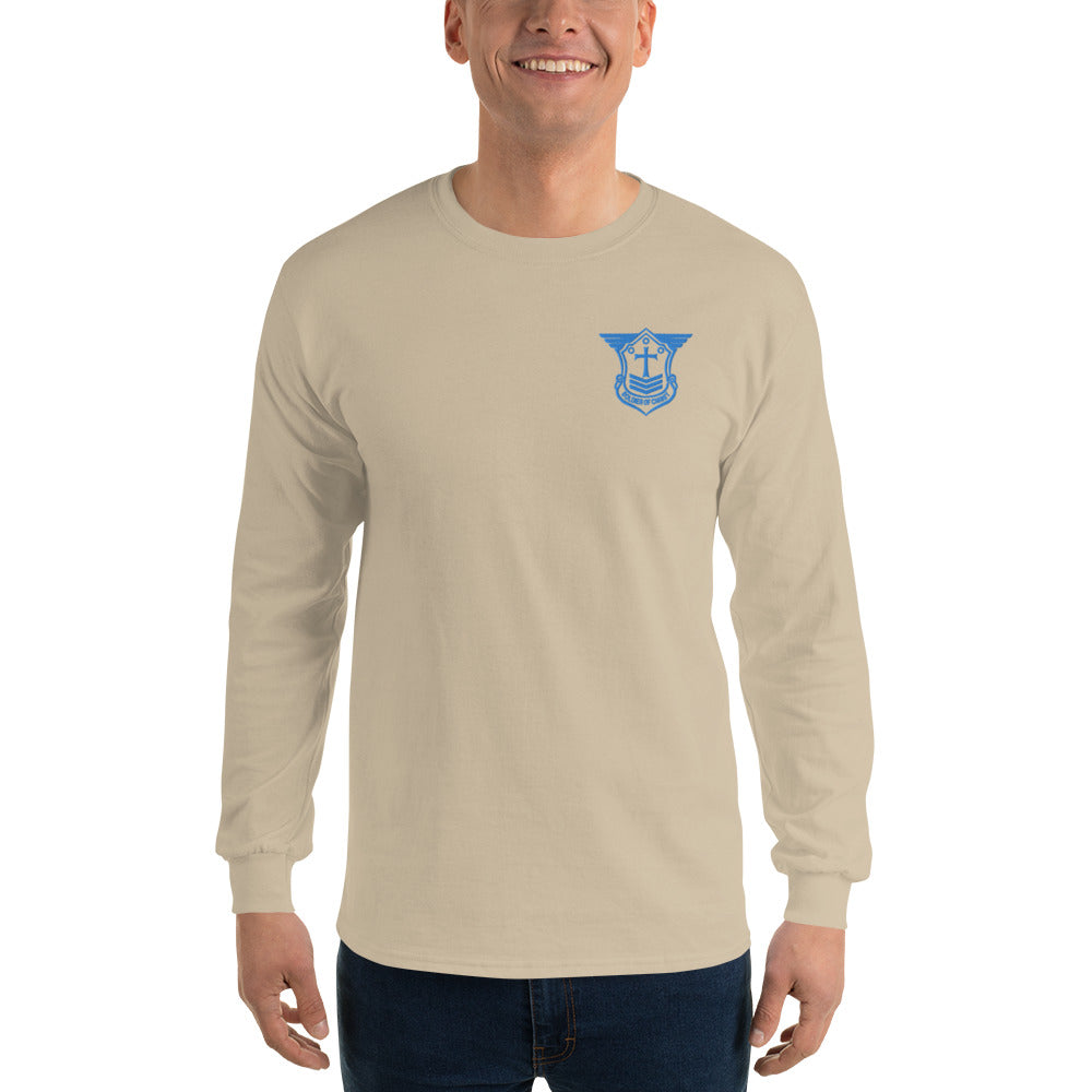 Men’s Long Sleeve T-Shirt with Aqua Teal Embroidered Soldier of Christ Emblem