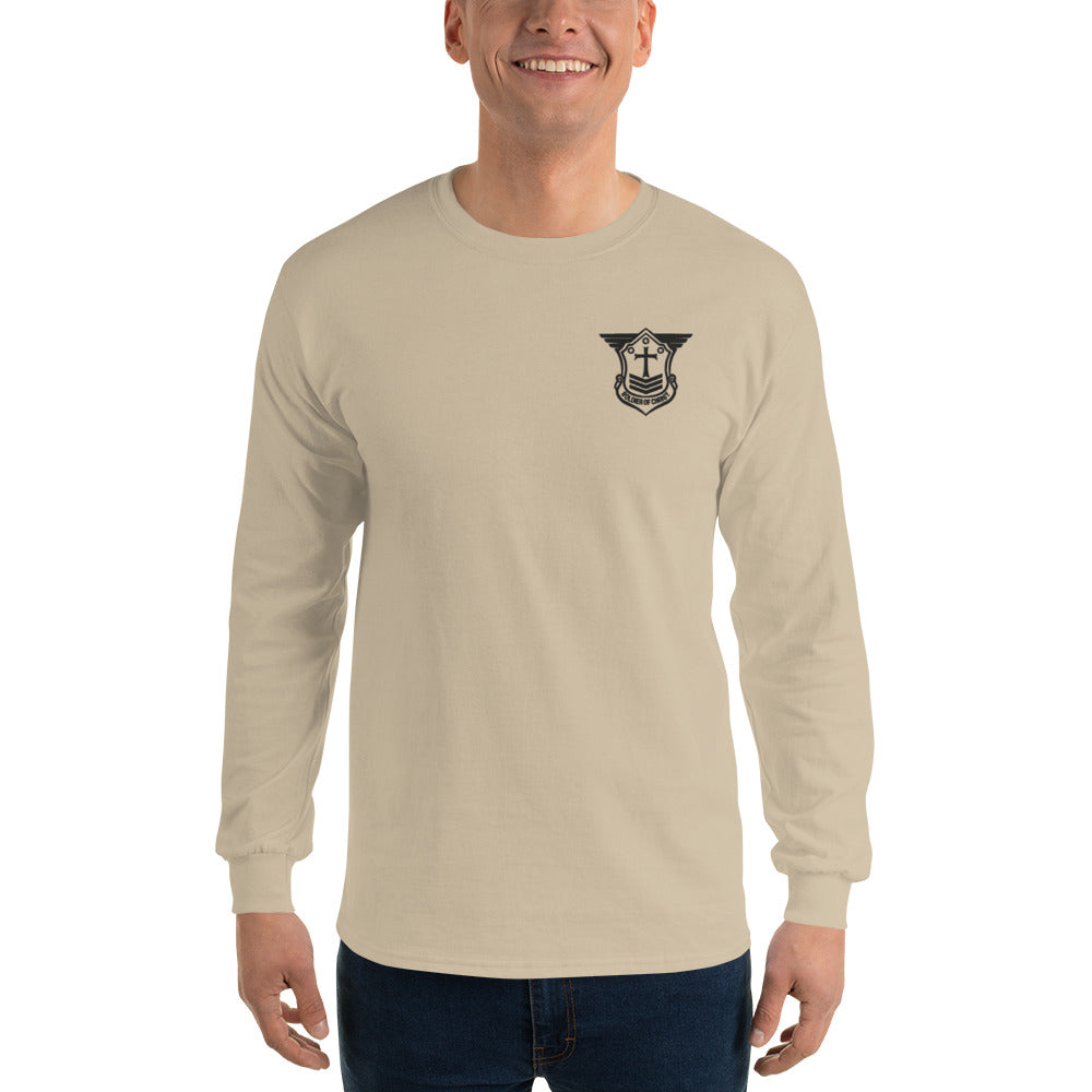 Men’s Long Sleeve T-Shirt with Black Embroidered Soldier of Christ Emblem