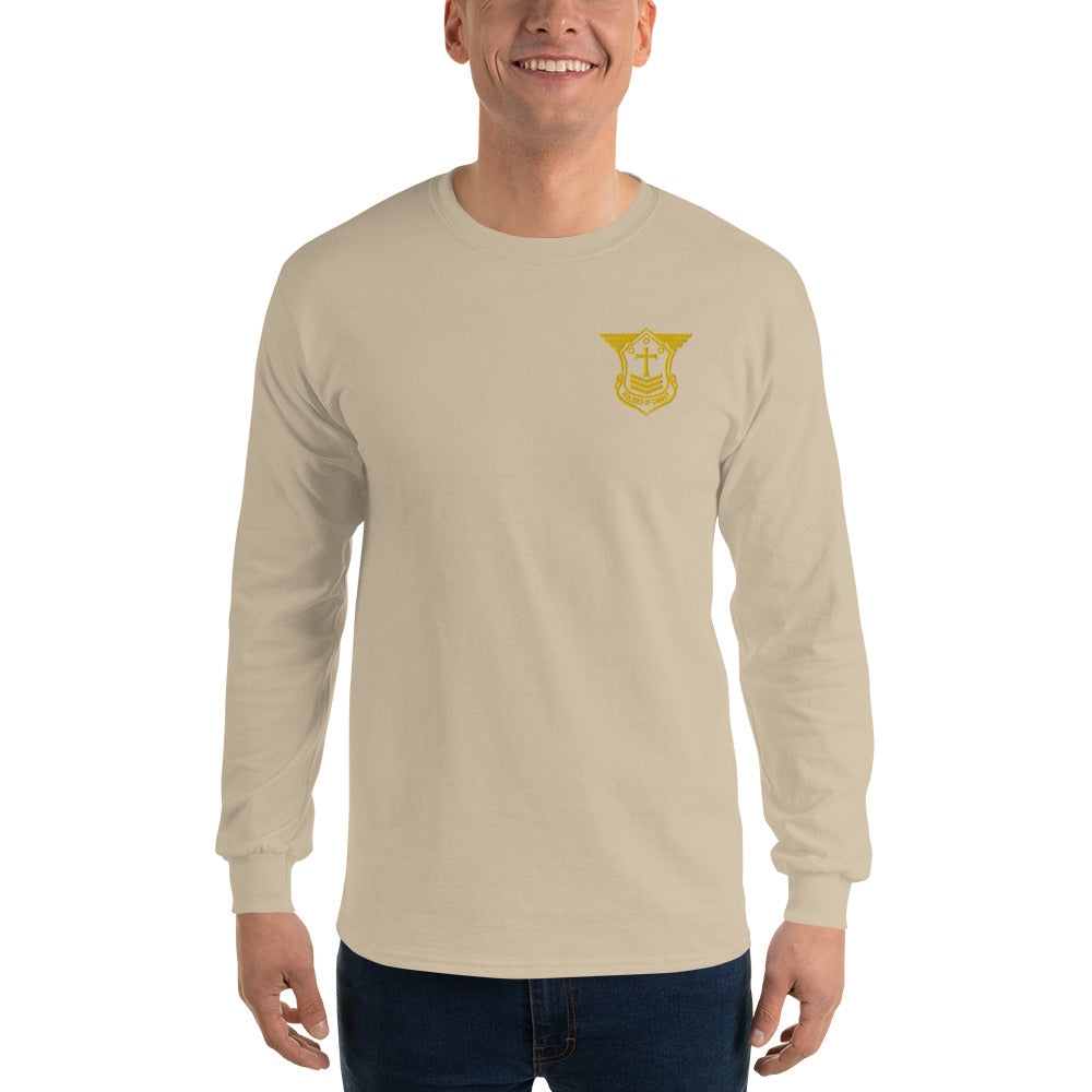 Men’s Long Sleeve T-Shirt with Gold Embroidered Soldier of Christ Emblem