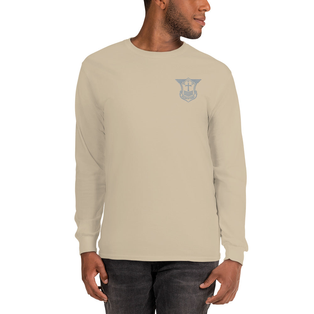 Men’s Long Sleeve T-Shirt with Grey Embroidered Soldier of Christ Emblem