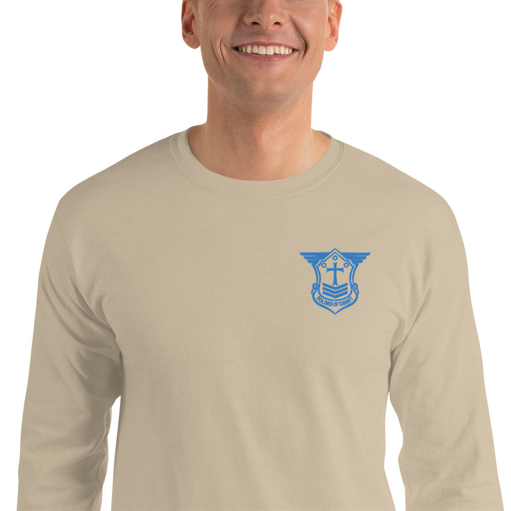 Men’s Long Sleeve T-Shirt with Aqua Teal Embroidered Soldier of Christ Emblem