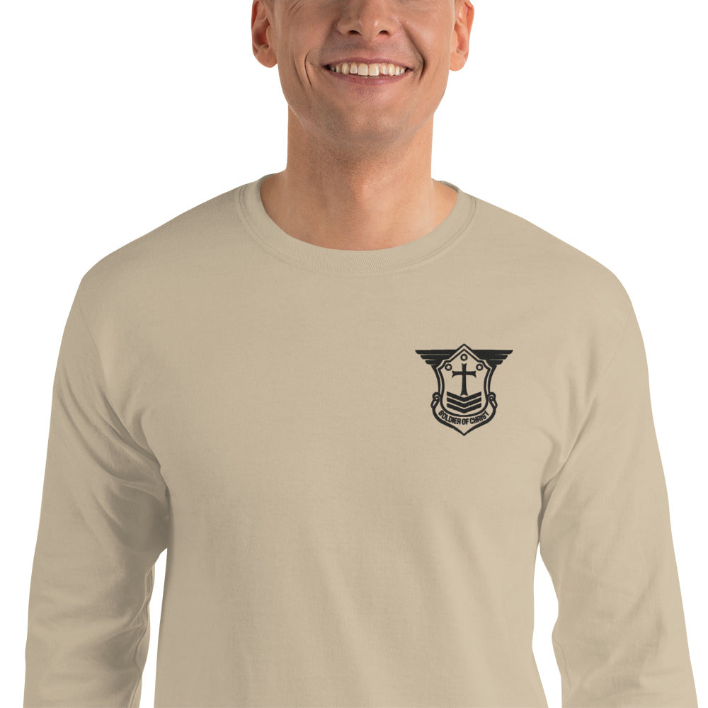 Men’s Long Sleeve T-Shirt with Black Embroidered Soldier of Christ Emblem