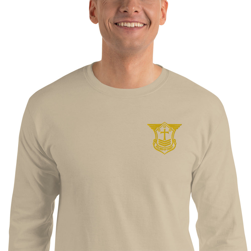 Men’s Long Sleeve T-Shirt with Gold Embroidered Soldier of Christ Emblem