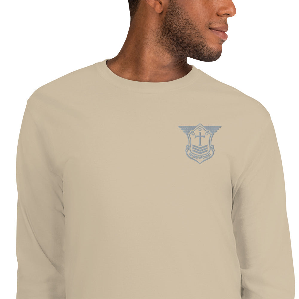 Men’s Long Sleeve T-Shirt with Grey Embroidered Soldier of Christ Emblem