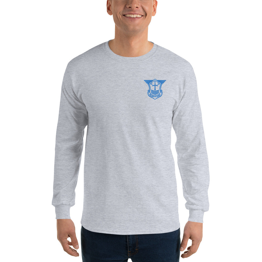 Men’s Long Sleeve T-Shirt with Aqua Teal Embroidered Soldier of Christ Emblem