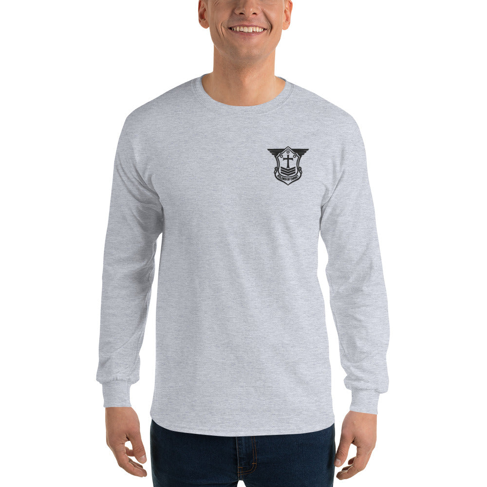 Men’s Long Sleeve T-Shirt with Black Embroidered Soldier of Christ Emblem