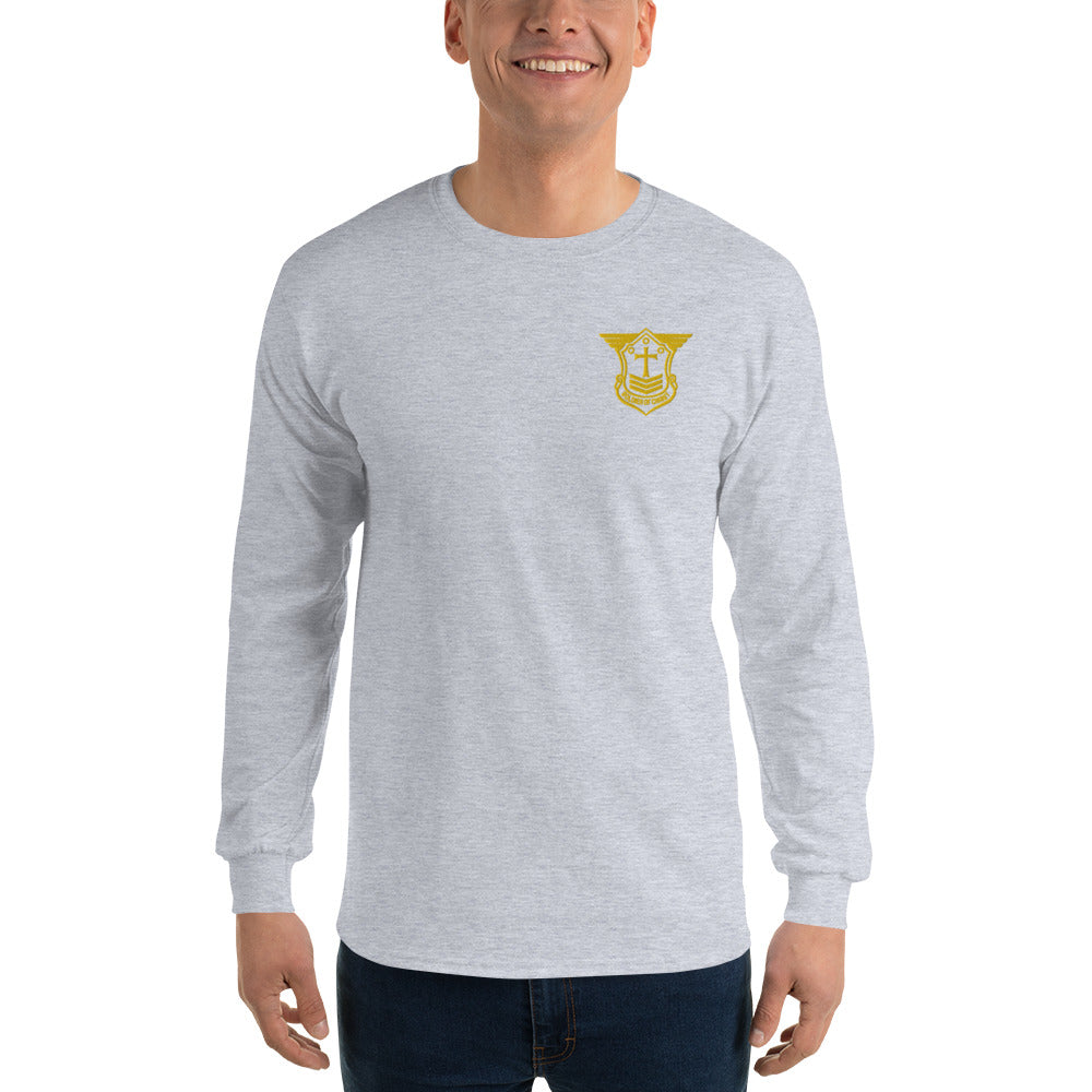 Men’s Long Sleeve T-Shirt with Gold Embroidered Soldier of Christ Emblem