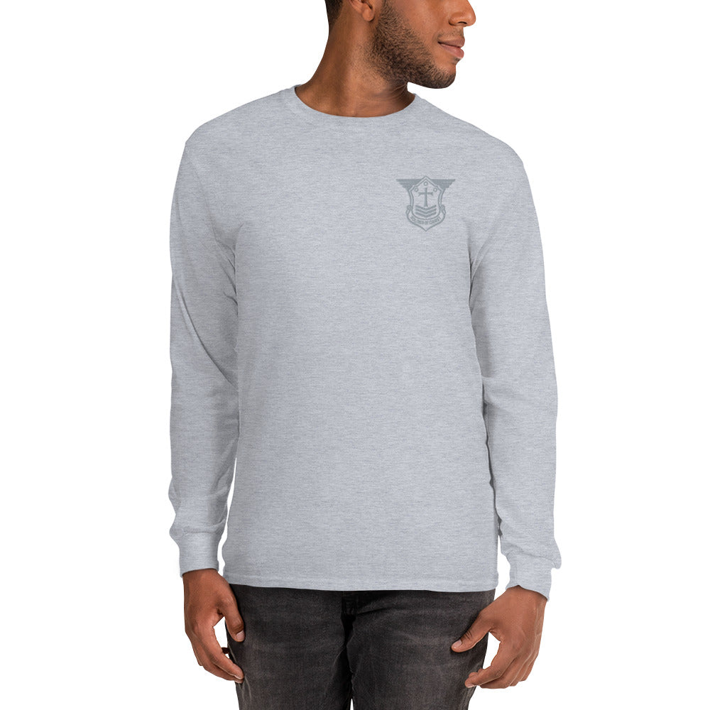 Men’s Long Sleeve T-Shirt with Grey Embroidered Soldier of Christ Emblem