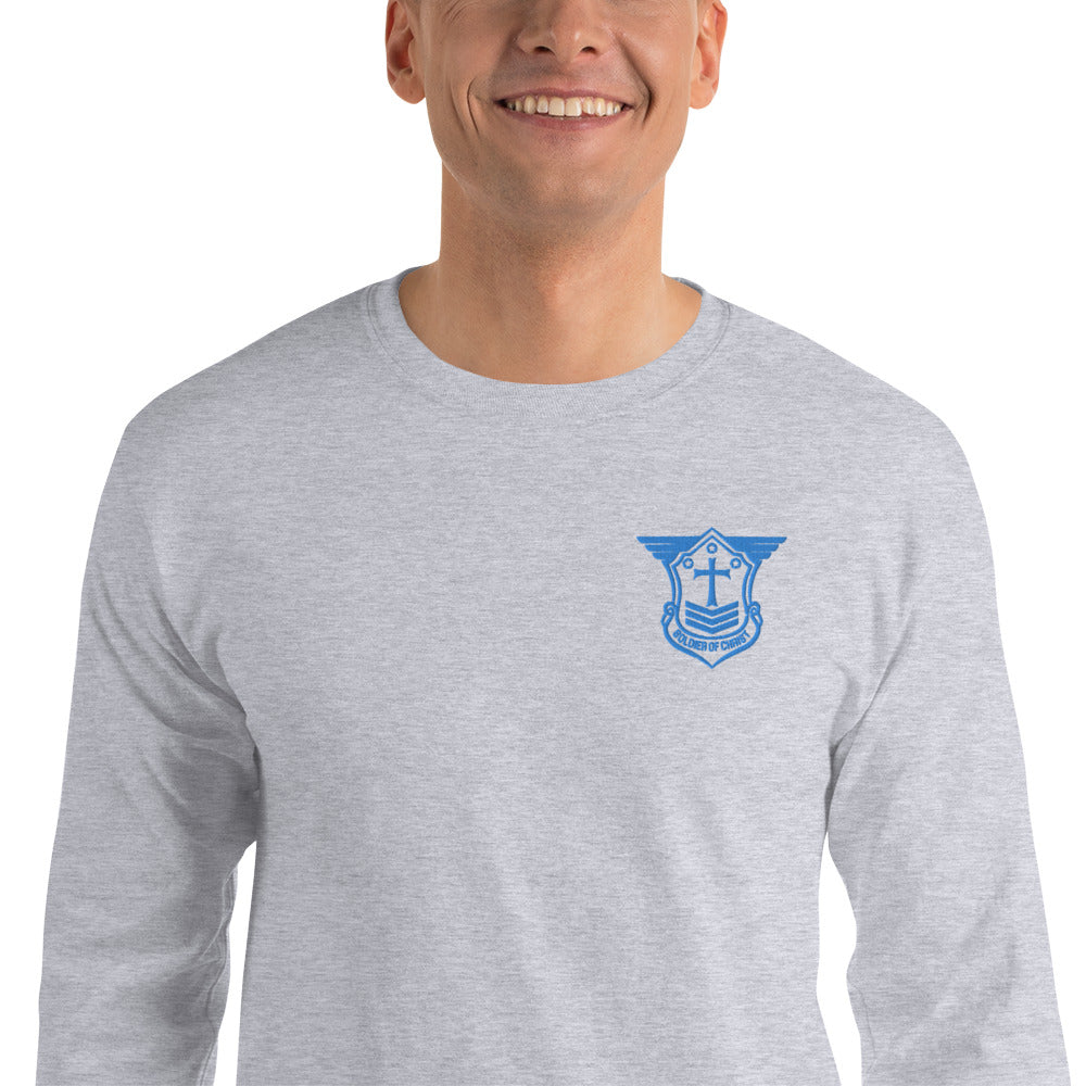 Men’s Long Sleeve T-Shirt with Aqua Teal Embroidered Soldier of Christ Emblem