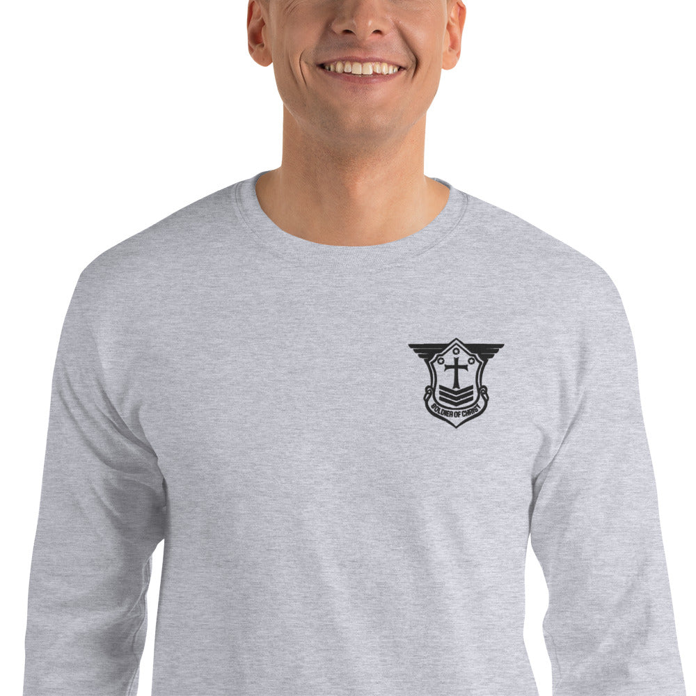 Men’s Long Sleeve T-Shirt with Black Embroidered Soldier of Christ Emblem