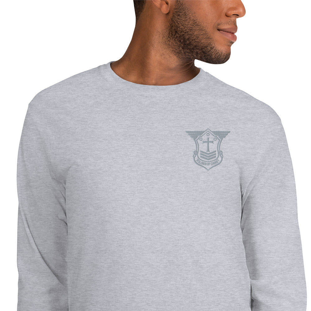 Men’s Long Sleeve T-Shirt with Grey Embroidered Soldier of Christ Emblem