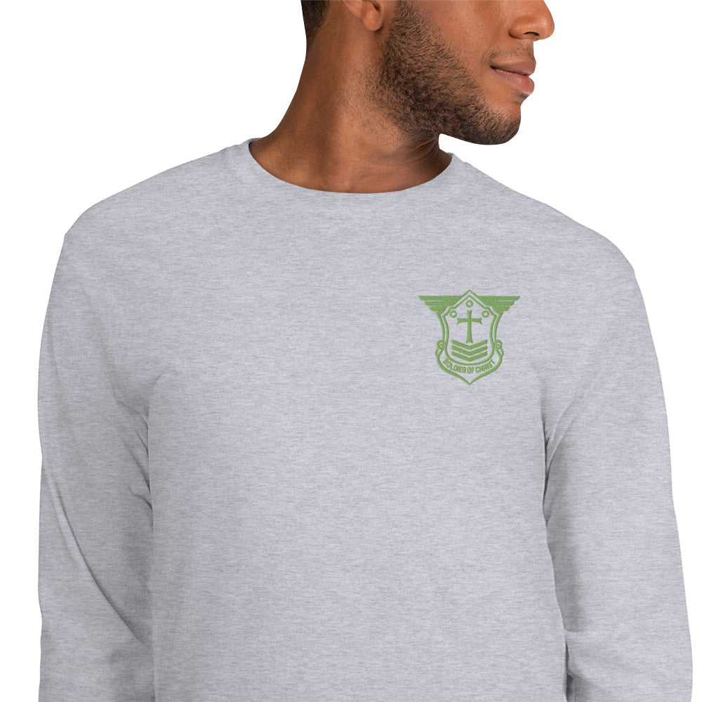 Men’s Long Sleeve T-Shirt with Kiwi Green Embroidered Soldier of Christ Emblem